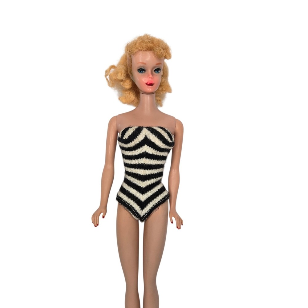 Vintage Early 60s Barbie Ponytail #5 Doll Mattel Japan Zebra Swimsuit Blonde